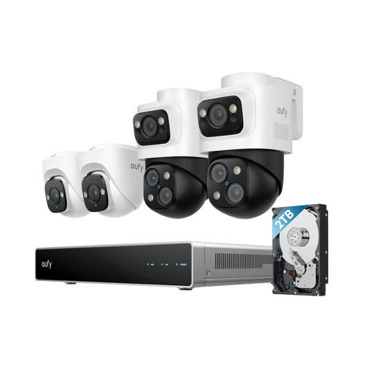 Eufy S4 PoE-beveiligingsset met twee witte 4K turret-camera's, twee 4K bullet-PTZ-camera's en een NVR met 2TB harde schijf.