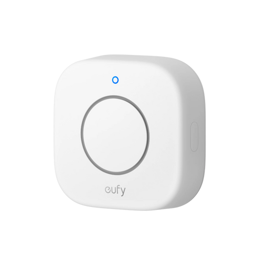 Witte, vierkante Eufy Security Sirene E20 met centraal alarm en blauw LED-indicatielampje voor binnen en buiten.