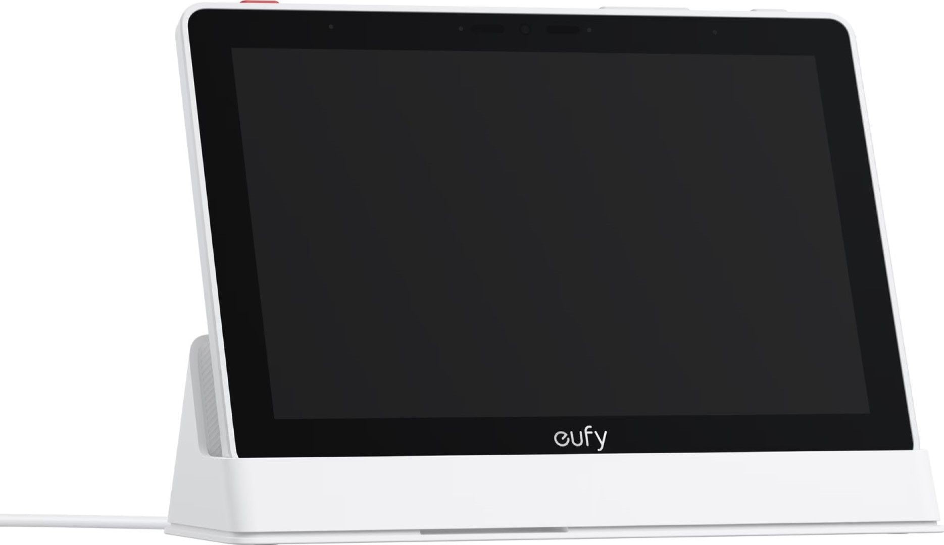 Witte Eufy Smart Display E10 met 8-inch HD-touchscreen in een strakke, moderne standaard voor beveiligingscamera's.