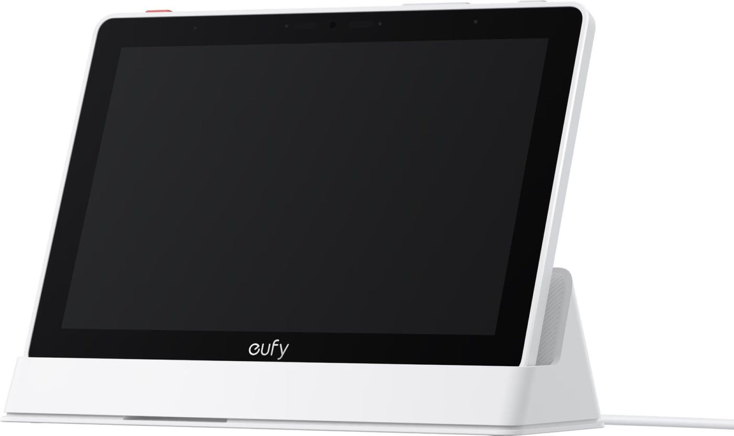 Witte Eufy Smart Display E10 met 8-inch HD-touchscreen in een strakke, moderne standaard voor beveiligingscamera's.