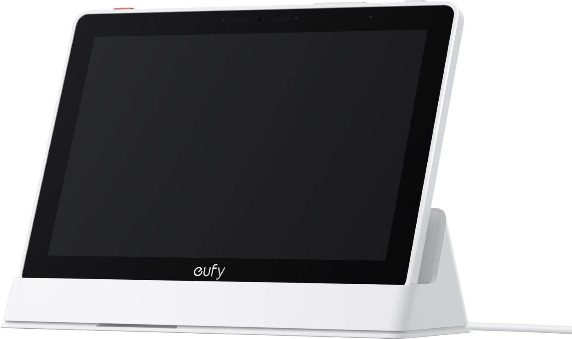 Witte Eufy Smart Display E10 met 8-inch HD-touchscreen in een strakke, moderne standaard voor beveiligingscamera's.