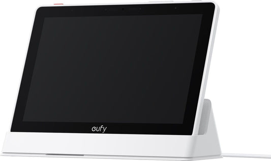 Witte Eufy Smart Display E10 met 8-inch HD-touchscreen in een strakke, moderne standaard voor beveiligingscamera's.
