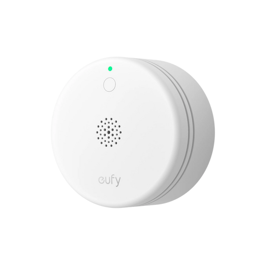 Witte, compacte Eufy Smoke Sensor E10 rookmelder met groen statuslampje en luidsprekerrooster.