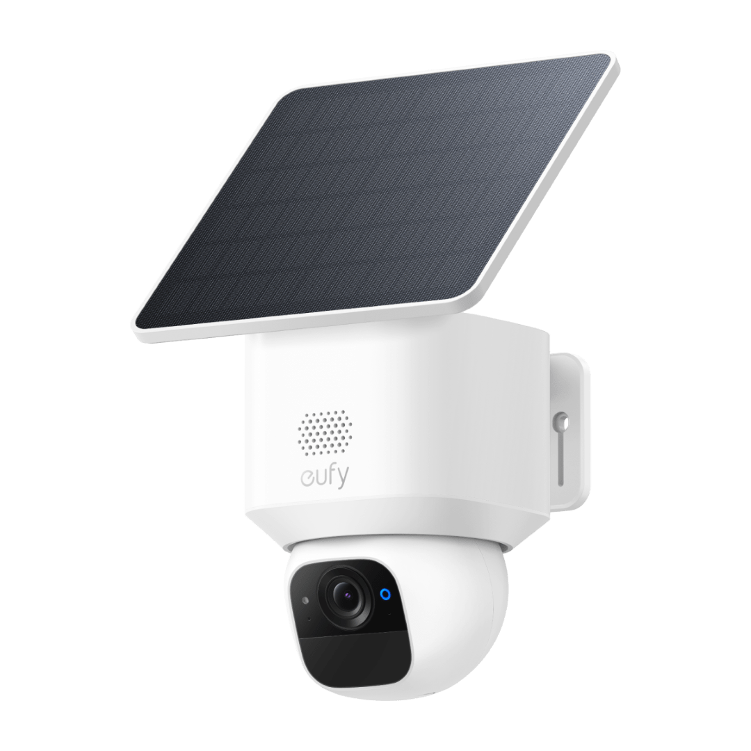 Witte Eufy SoloCam E30 2K beveiligingscamera met draaibaar pan-tilt design en geïntegreerd zonnepaneel.