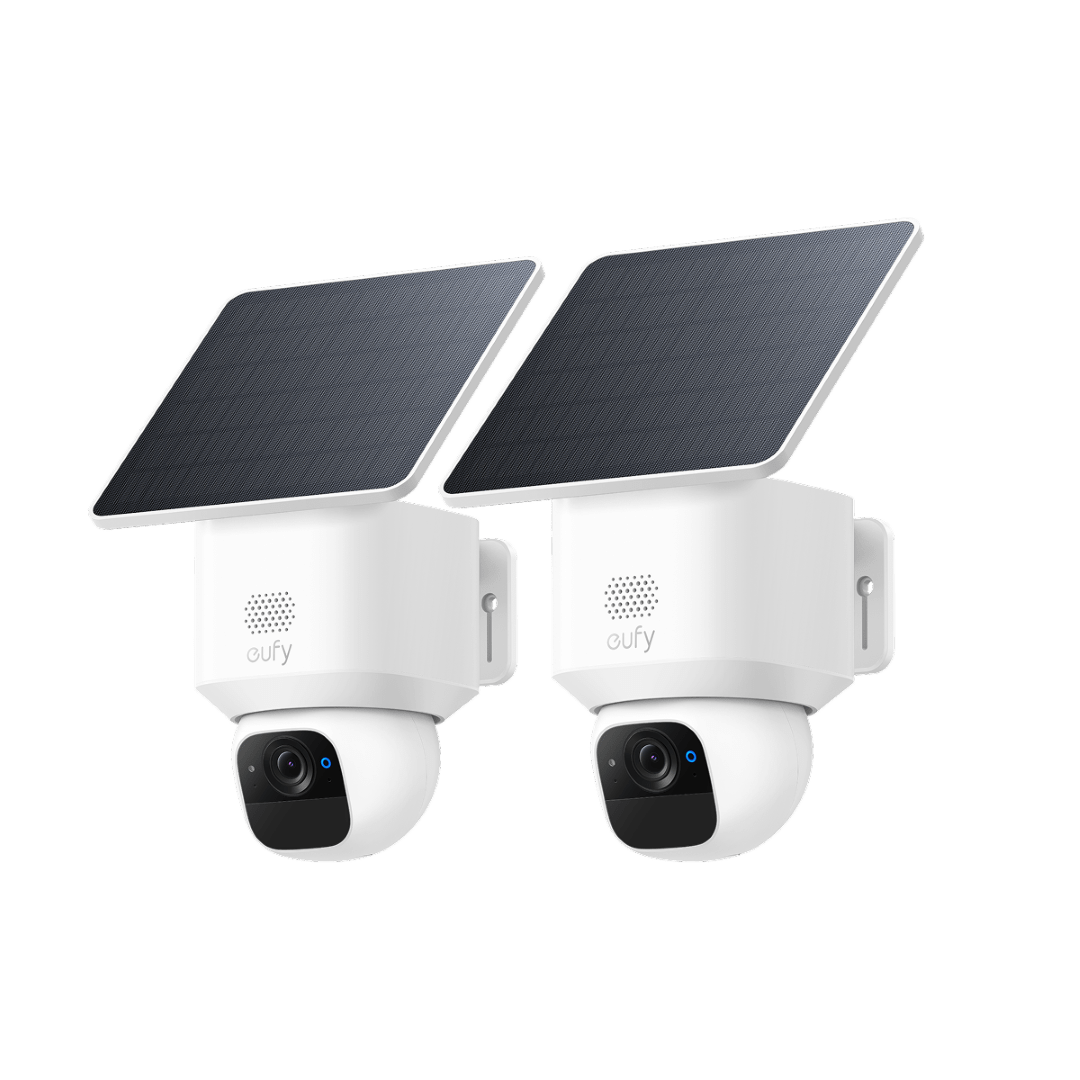 Twee witte Eufy SoloCam E30 beveiligingscamera's met zonnepaneel en 360 graden draaibare 2K-lens op witte achtergrond.