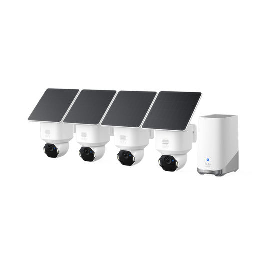 Vier witte Eufy SoloCam E42 4K-beveiligingscamera's met zonnepanelen en een Homebase 3 basisstation.