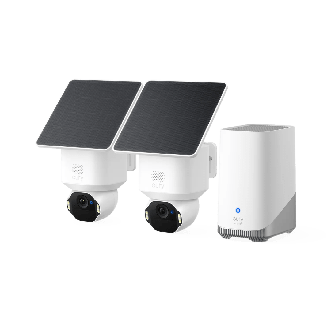 Twee witte Eufy SoloCam E42 4K-camera's met zonnepanelen en een Homebase 3 beveiligingsstation.