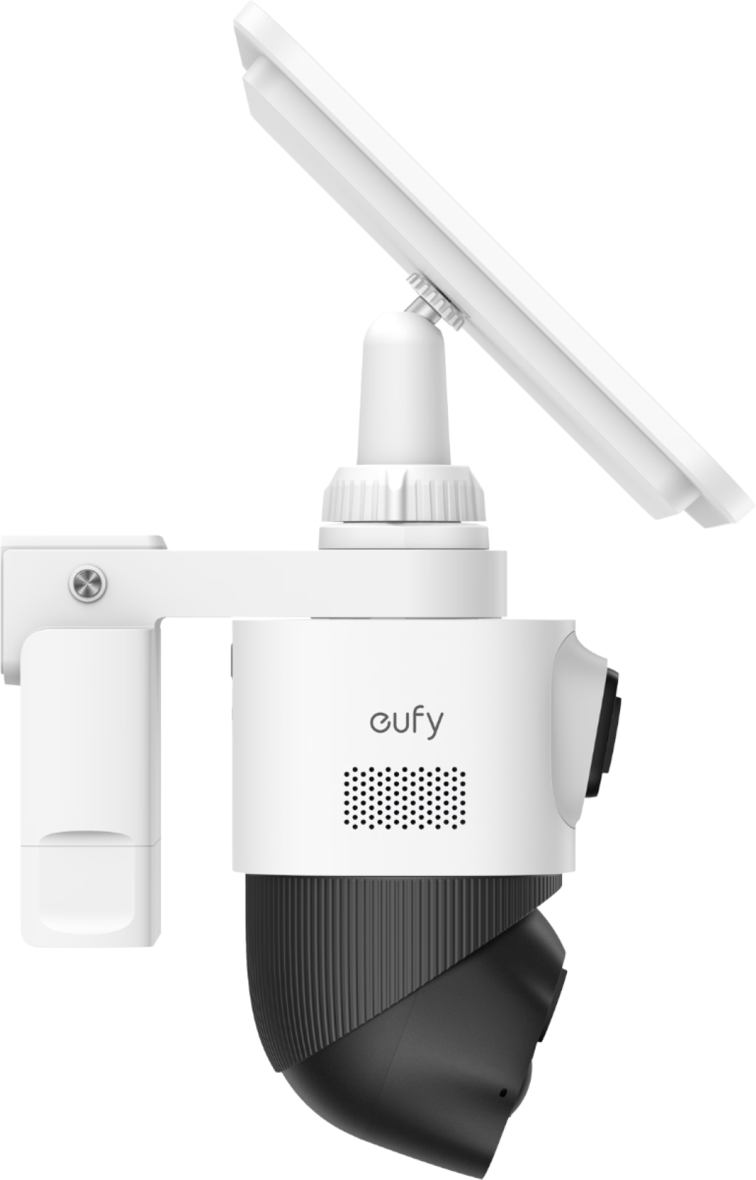 Witte Eufy SoloCam S4 4K beveiligingscamera met dual-lens, zonnepaneel en draaibare behuizing tegen een witte achtergrond.