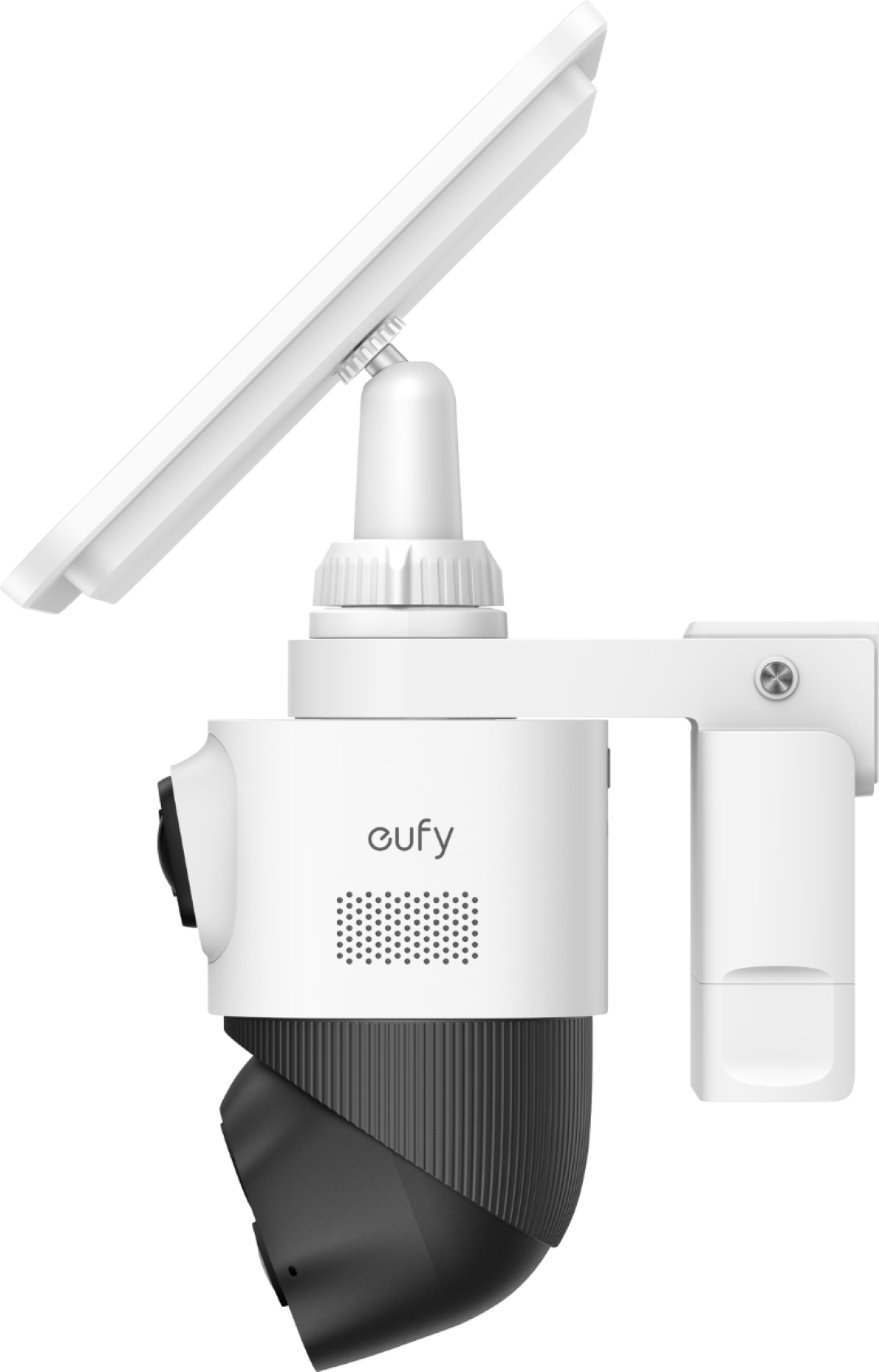 Witte Eufy SoloCam S4 4K beveiligingscamera met dual-lens, zonnepaneel en wandbevestiging in zijaanzicht.