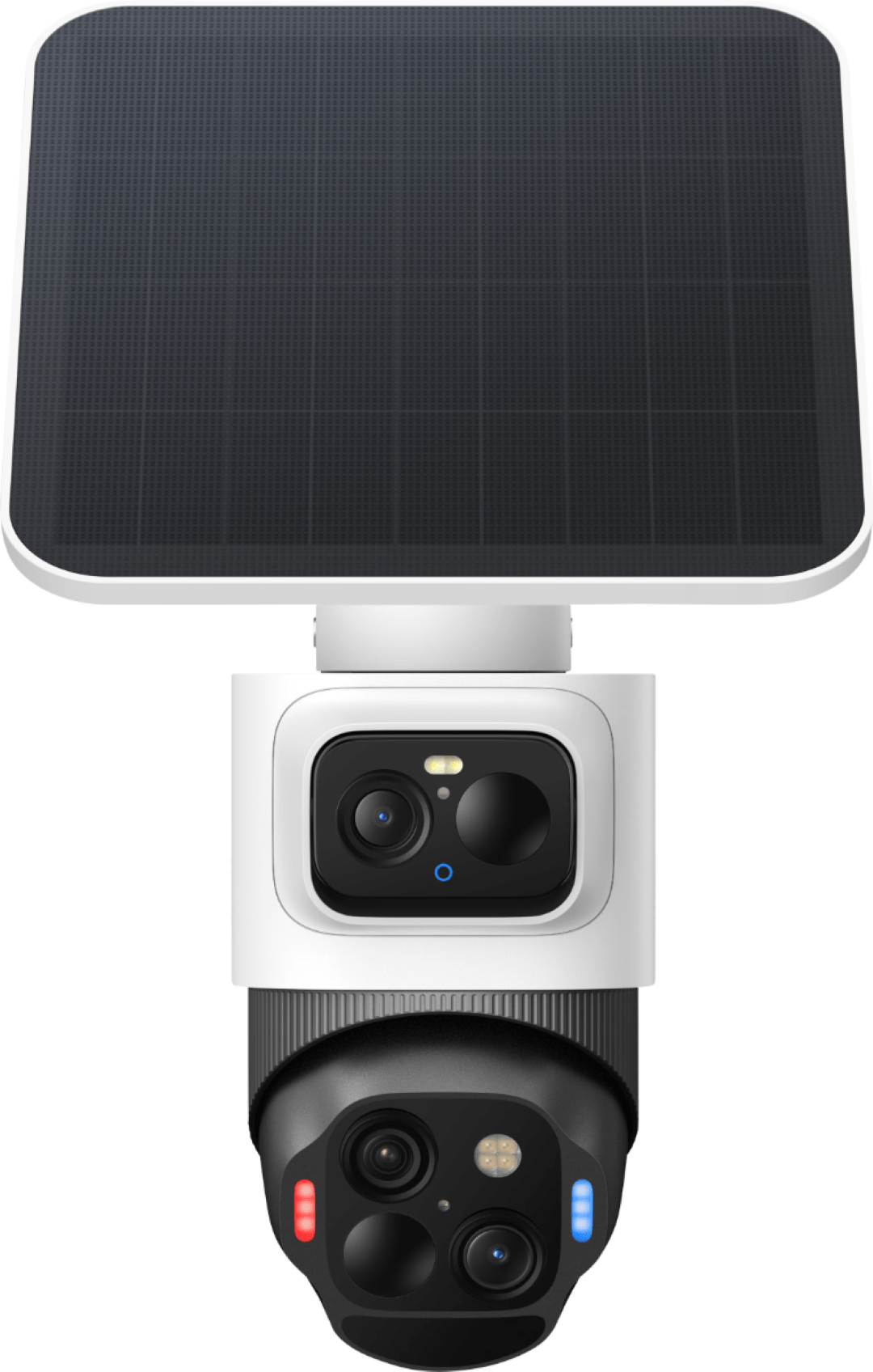 Witte Eufy SoloCam S4 4K beveiligingscamera met dual-lens systeem, 360° draaibare kop en geïntegreerd zonnepaneel.