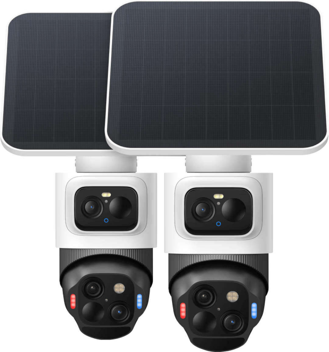 Twee witte Eufy SoloCam S4 4K beveiligingscamera's met zonnepaneel, dual-lens systeem en 360 graden tracking.