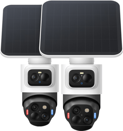 Twee witte Eufy SoloCam S4 4K beveiligingscamera's met zonnepaneel, dual-lens systeem en 360 graden tracking.