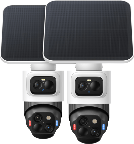 Twee witte Eufy SoloCam S4 4K beveiligingscamera's met zonnepaneel, dual-lens systeem en 360 graden tracking.