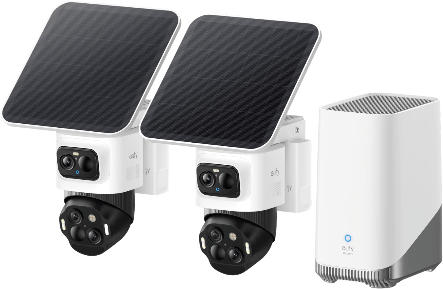 Twee witte Eufy SoloCam S4 beveiligingscamera's met zonnepaneel en een witte Homebase 3 voor 4K-bewaking.