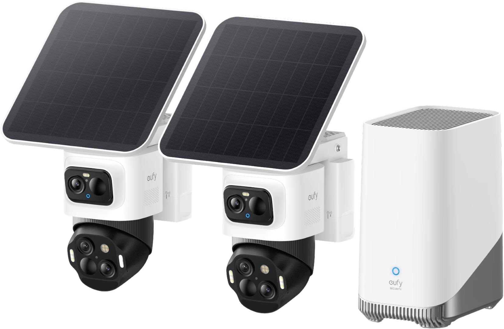 Twee witte Eufy SoloCam S4 beveiligingscamera's met zonnepaneel en een witte Homebase 3 voor 4K-bewaking.