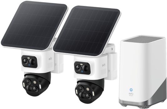 Twee witte Eufy SoloCam S4 beveiligingscamera's met zonnepaneel en een witte Homebase 3 voor 4K-bewaking.