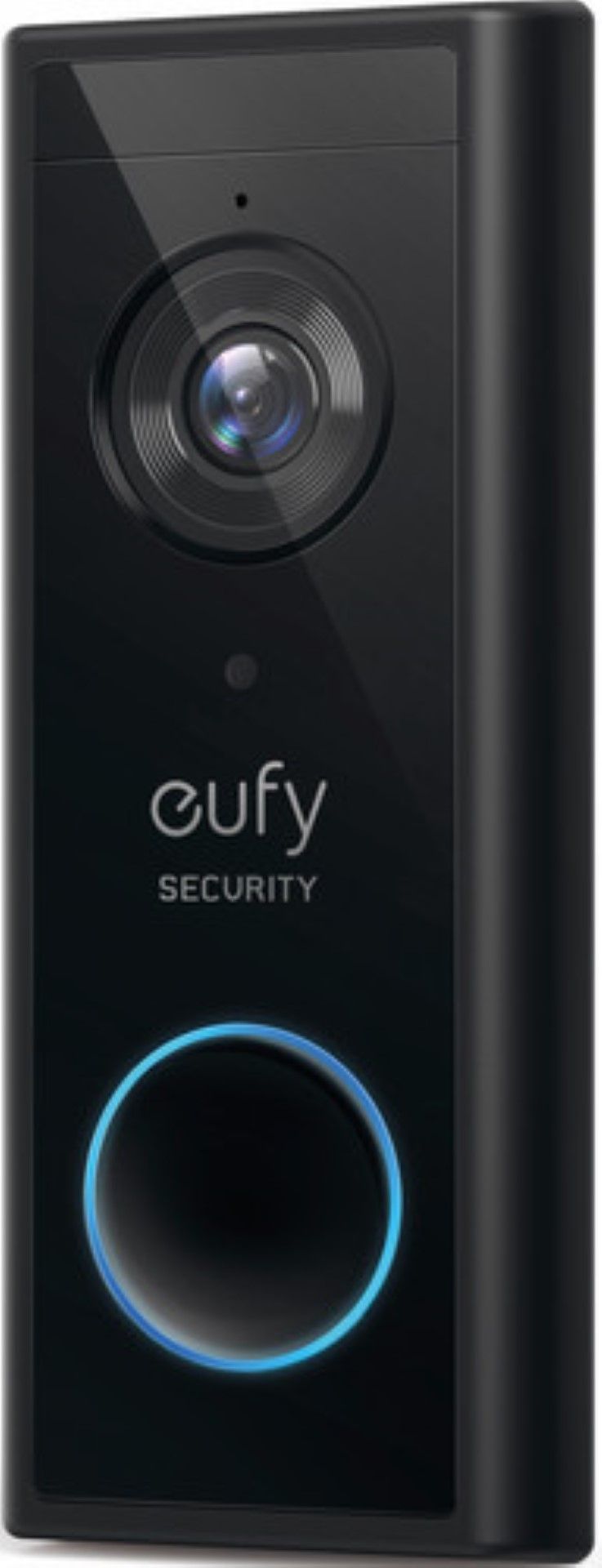 Zwarte Eufy draadloze videodeurbel met camera, Eufy Security logo en verlichte ronde belknop.