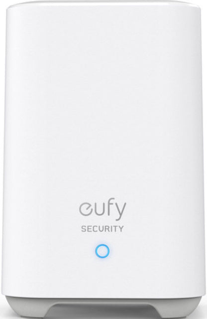 Witte Eufy Security HomeBase met strak design en blauw statuslampje voor draadloze videodeurbel.
