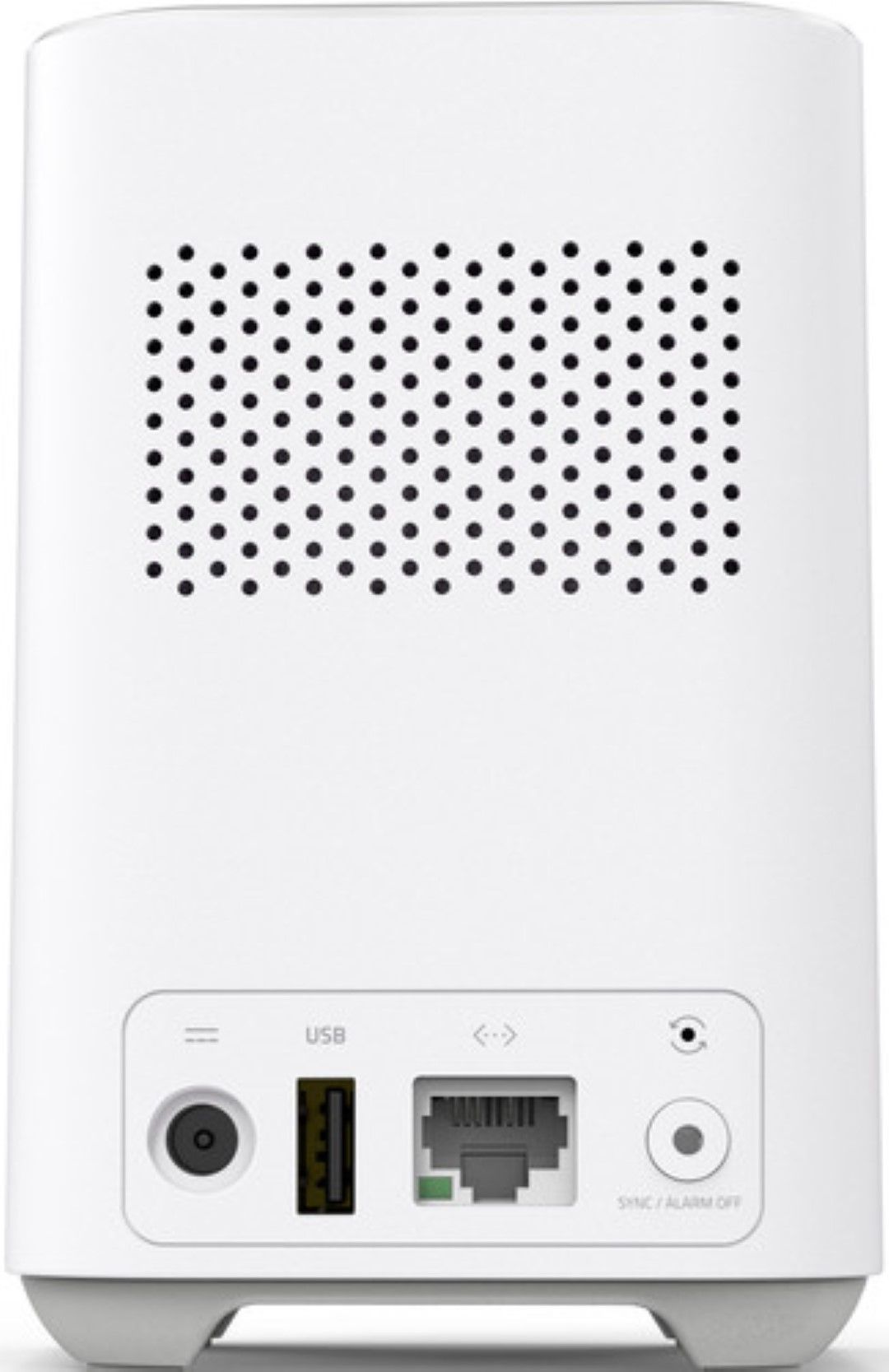 Witte Eufy HomeBase met ventilatiegaten, USB-poort, ethernet-aansluiting en sync-knop aan de achterzijde.