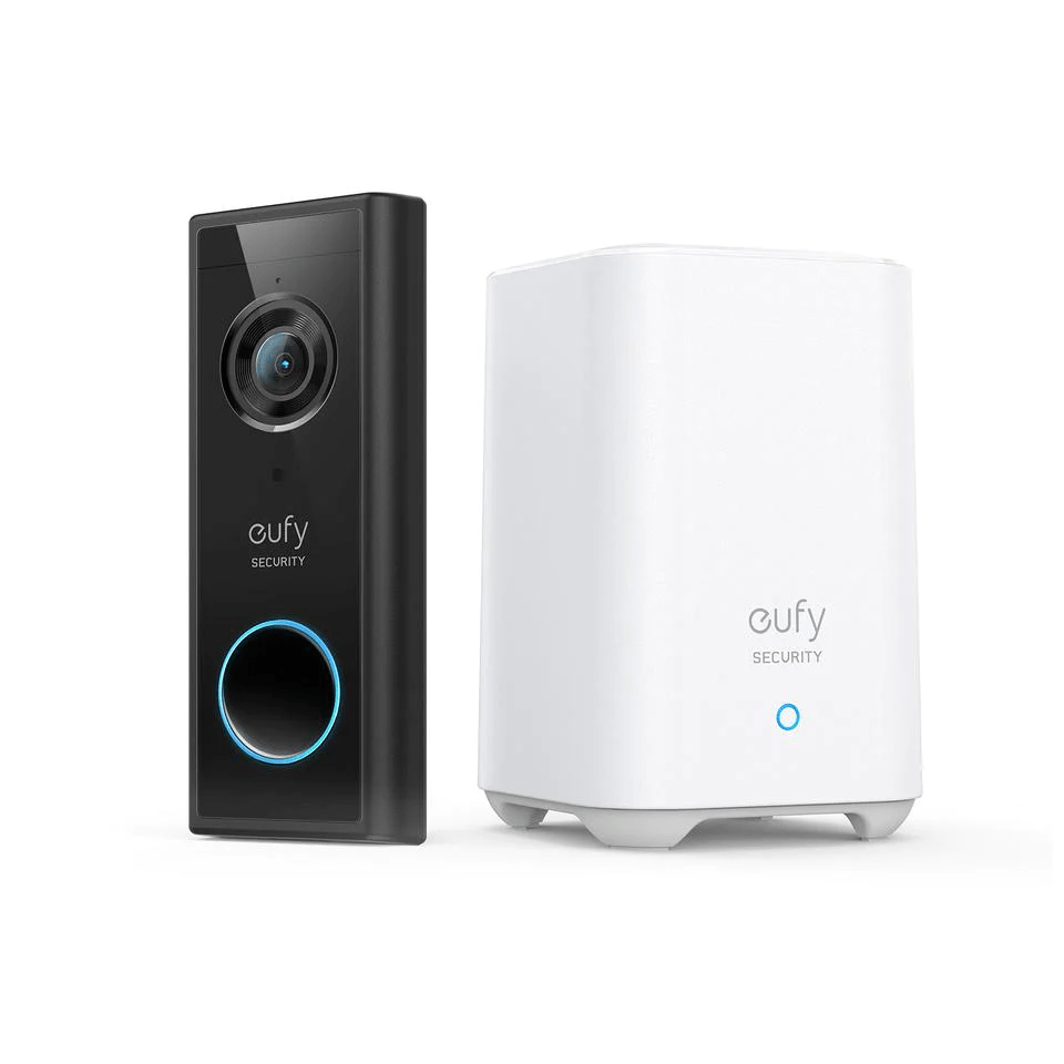 Zwarte Eufy draadloze videodeurbel met camera naast een witte HomeBase met blauwe statuslampjes.