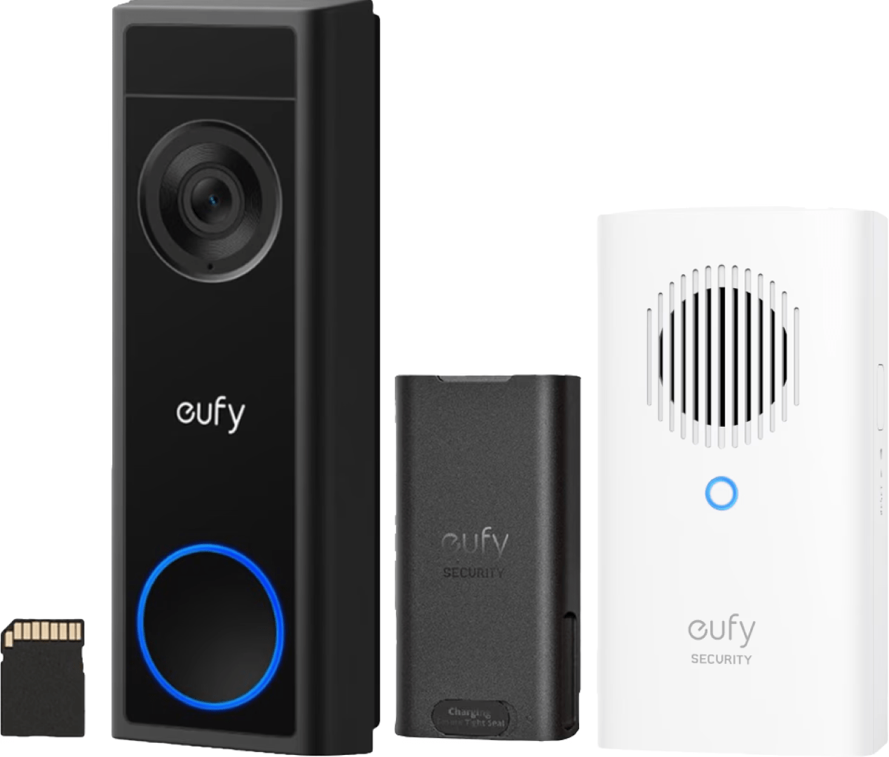 Eufy C31 draadloze 2K videodeurbel in zwart met witte gong, batterij en 32GB SD-kaart.