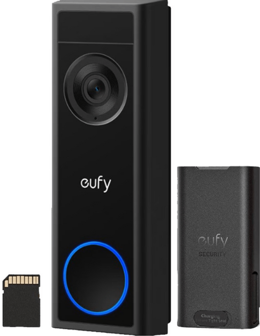 Zwarte Eufy Video Deurbel C31 met oplaadbare batterij en SD-kaart voor lokale opslag.