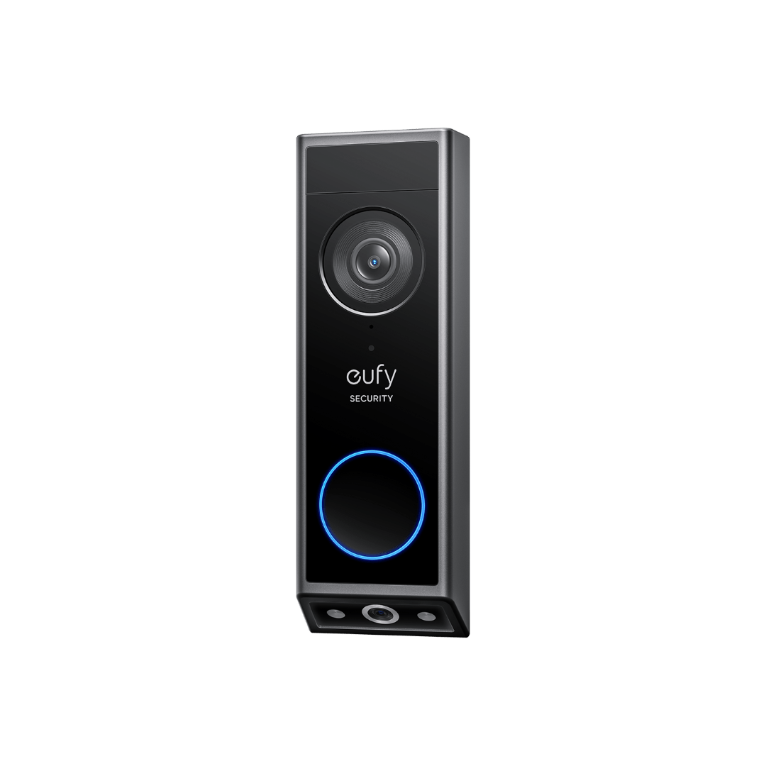 Eufy E340 slimme videodeurbel in zwart met dual-camera systeem, verlichte blauwe drukknop en strak modern design.