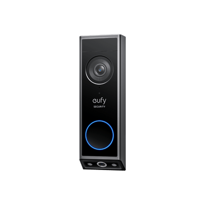 Eufy E340 slimme videodeurbel in zwart met dual-camera systeem, verlichte blauwe drukknop en strak modern design.