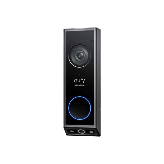 Eufy E340 slimme videodeurbel in zwart met dual-camera systeem, verlichte blauwe drukknop en strak modern design.