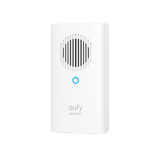 Witte Eufy draadloze deurbelgong met ronde luidspreker, blauwe led-indicator en compact, strak design.