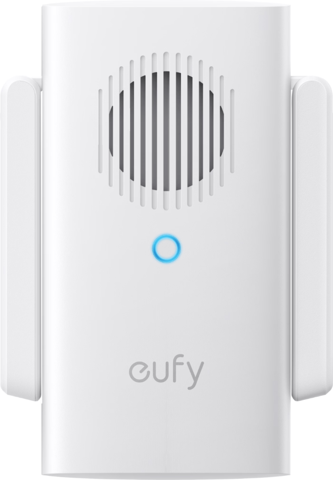 Witte Eufy deurbel gong met Wi-Fi versterker, ronde luidspreker, blauw LED-indicatielampje en twee zijdelingse antennes.
