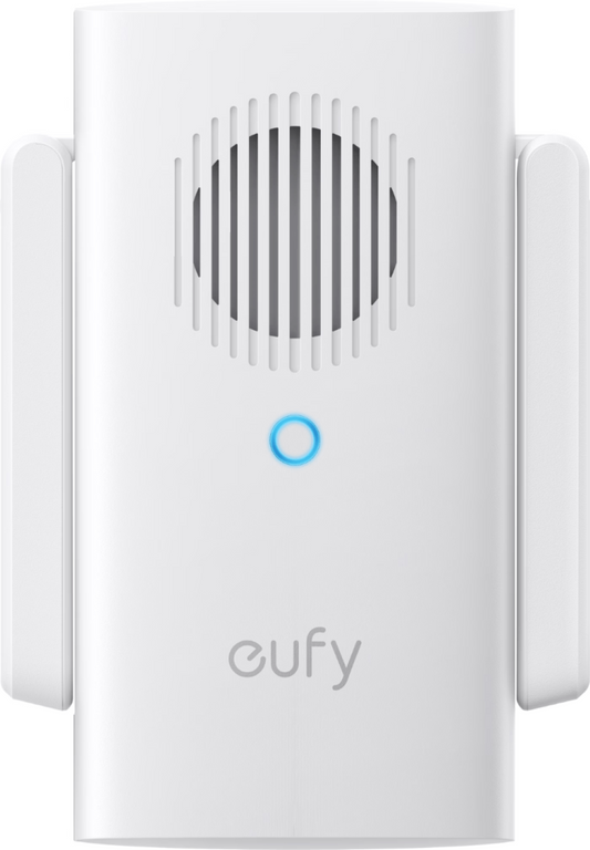 Witte Eufy deurbel gong met Wi-Fi versterker, ronde luidspreker, blauw LED-indicatielampje en twee zijdelingse antennes.