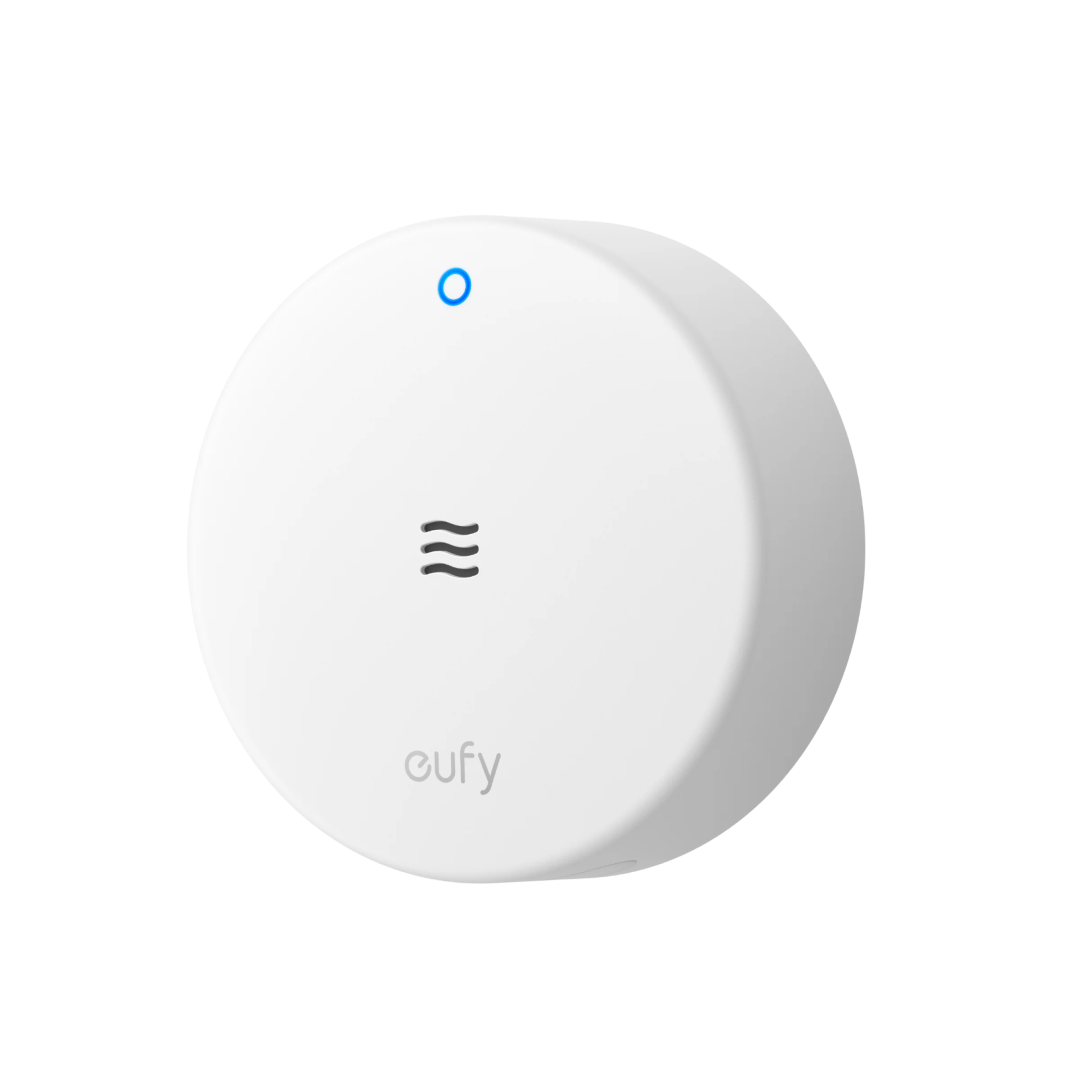 Witte, ronde Eufy Water- en Vorstsensor E20 met blauw statuslampje en watergolf-icoon op een witte achtergrond.