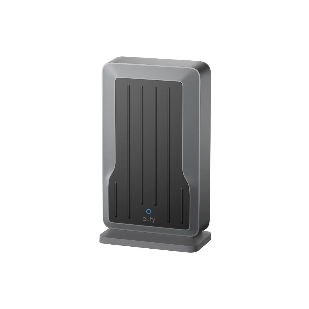 Grijze Eufy Wi-Fi module T8709 met zwart paneel, verticale lijnen en een blauw statuslampje op een standaard.