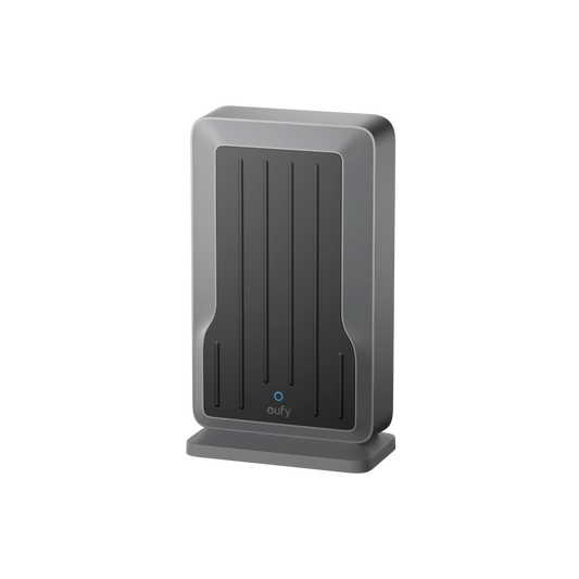 Grijze Eufy Wi-Fi module T8709 met zwart paneel, verticale lijnen en een blauw statuslampje op een standaard.
