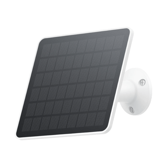 Wit Eufy zonnepaneel met zwarte zonnecel en verstelbare muurbeugel voor Eufycam beveiligingscamera's.