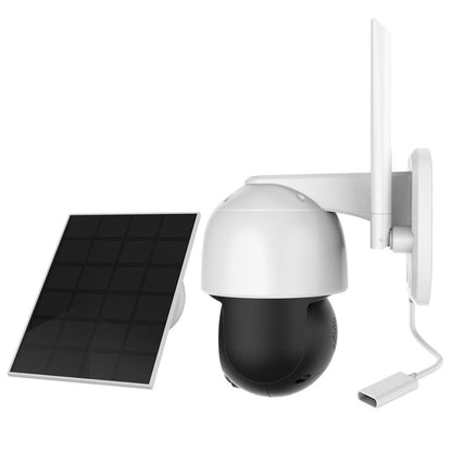 Foscam B4 draadloze 4MP beveiligingscamera in wit en zwart met zonnepaneel en externe antenne voor buiten.