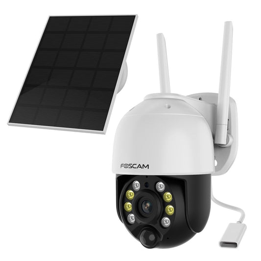 Witte Foscam B4 draadloze 4MP beveiligingscamera met zonnepaneel, twee antennes en ingebouwde spotlight voor nachtzicht.