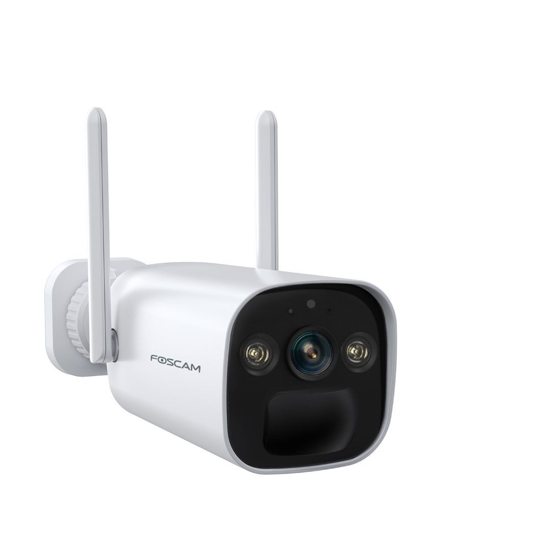 Witte Foscam BP4 draadloze 4MP beveiligingscamera met twee antennes en geïntegreerde lens en spotlight.