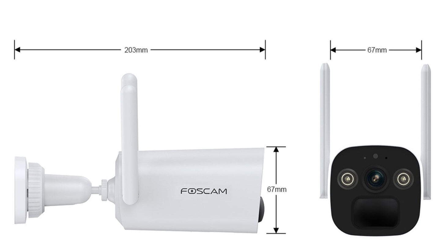Witte Foscam BP4 draadloze 4MP beveiligingscamera met afmetingen en twee antennes in zijaanzicht en vooraanzicht.
