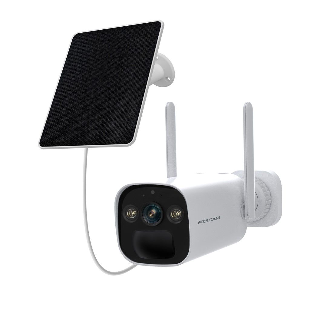 Witte Foscam BP4 draadloze 4MP beveiligingscamera met twee antennes en een verbonden zwart zonnepaneel op witte achtergrond.
