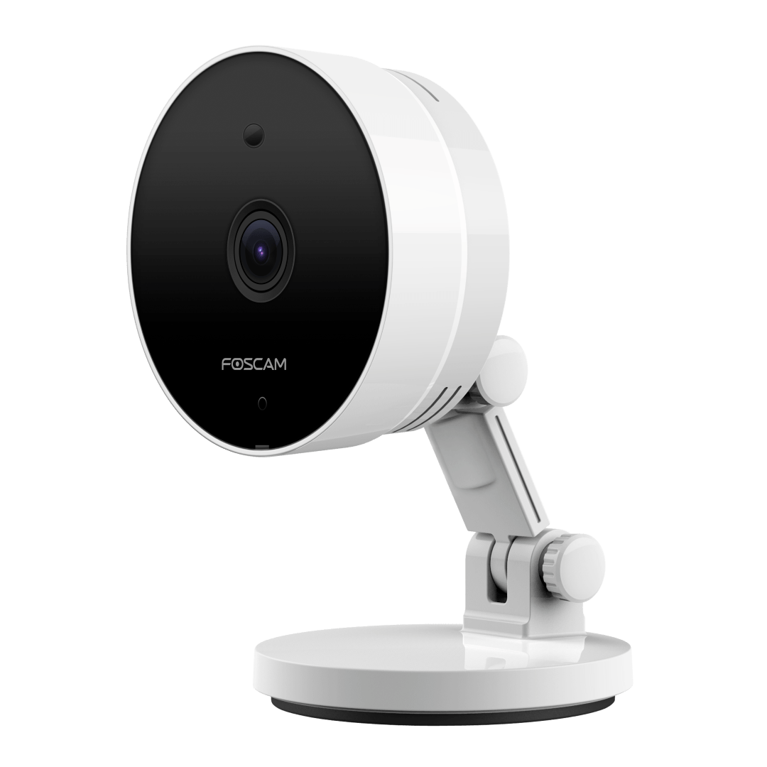 Witte Foscam C5M 5MP binnencamera met verstelbare voet, zwarte lensbehuizing en compact modern design.
