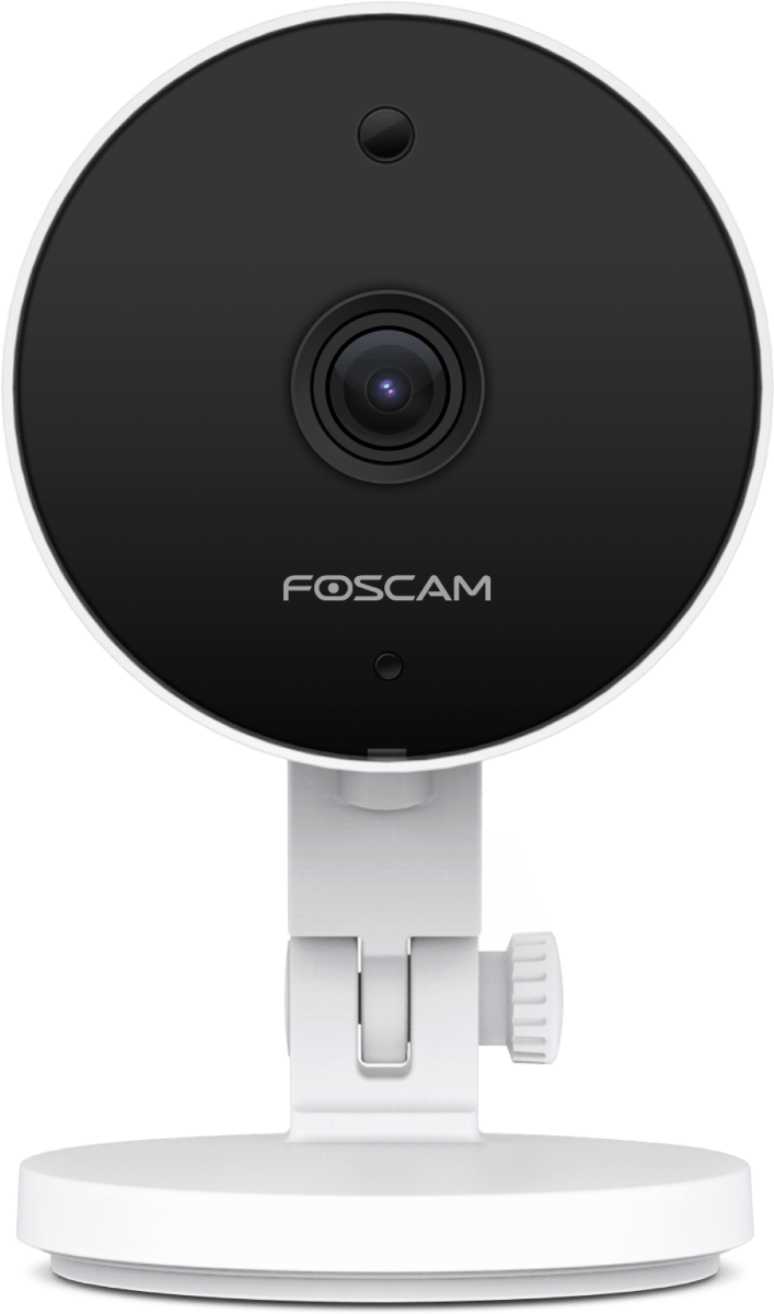 Witte Foscam C5M 5MP WiFi-binnencamera met ronde zwarte lensmodule en verstelbare voet voor slimme woningbeveiliging.