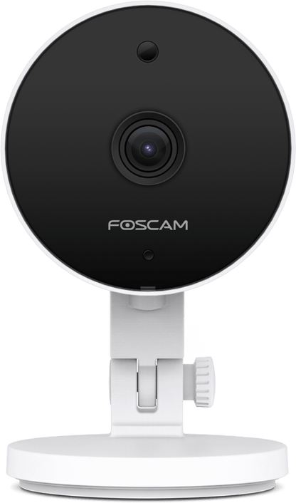 Witte Foscam C5M 5MP WiFi-binnencamera met ronde zwarte lensmodule en verstelbare voet voor slimme woningbeveiliging.