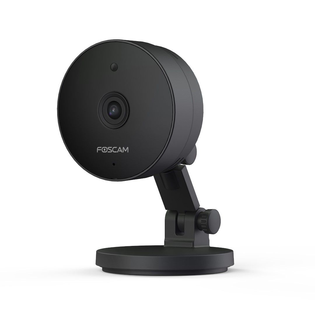Compacte zwarte Foscam C5M 5MP WiFi binnencamera met verstelbare voet en modern rond design.