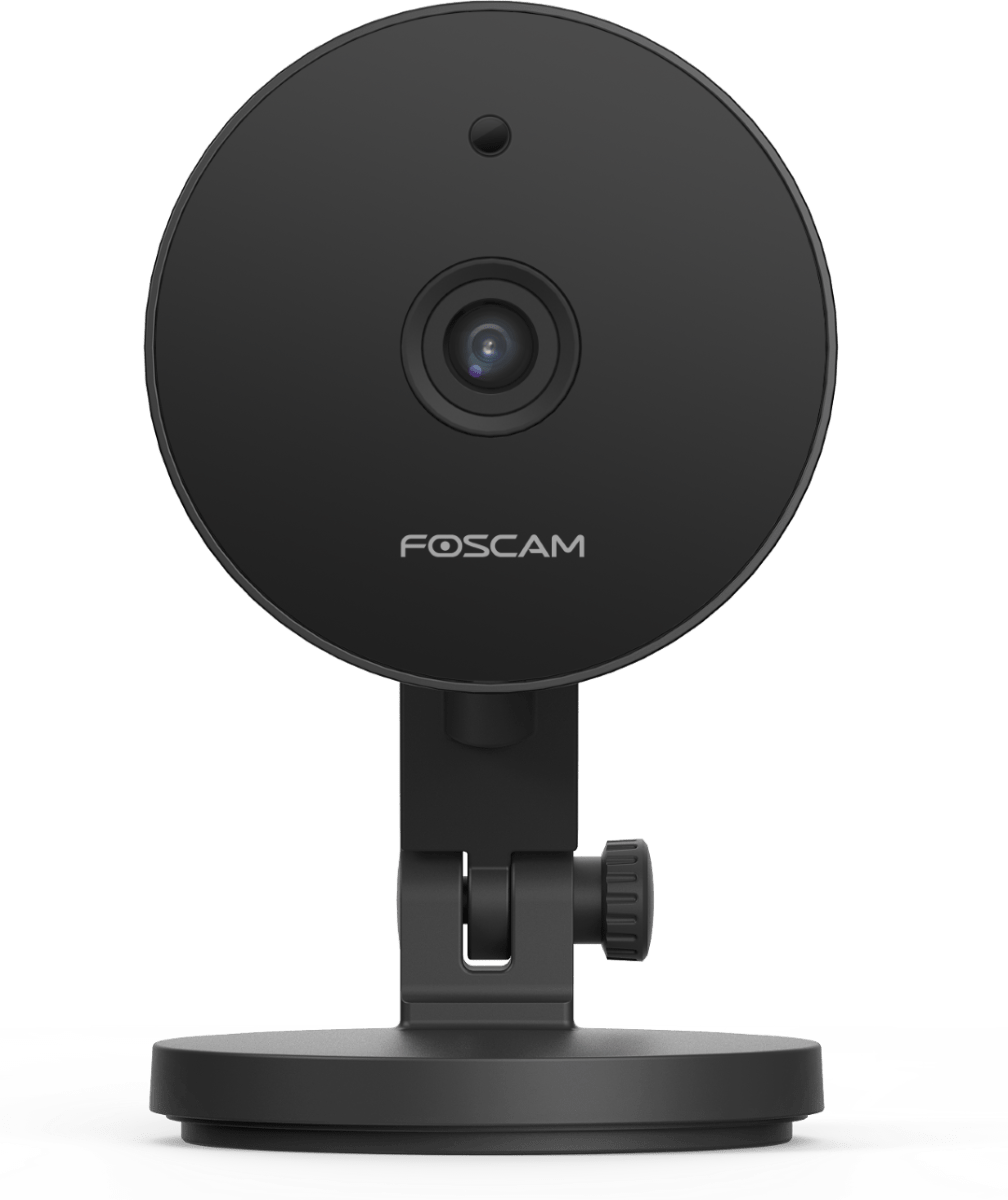 Compacte zwarte Foscam C5M 5MP WiFi binnencamera met verstelbare voet en strak modern design.