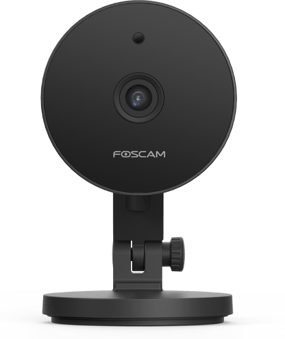 Compacte zwarte Foscam C5M 5MP WiFi binnencamera met verstelbare voet en strak modern design.