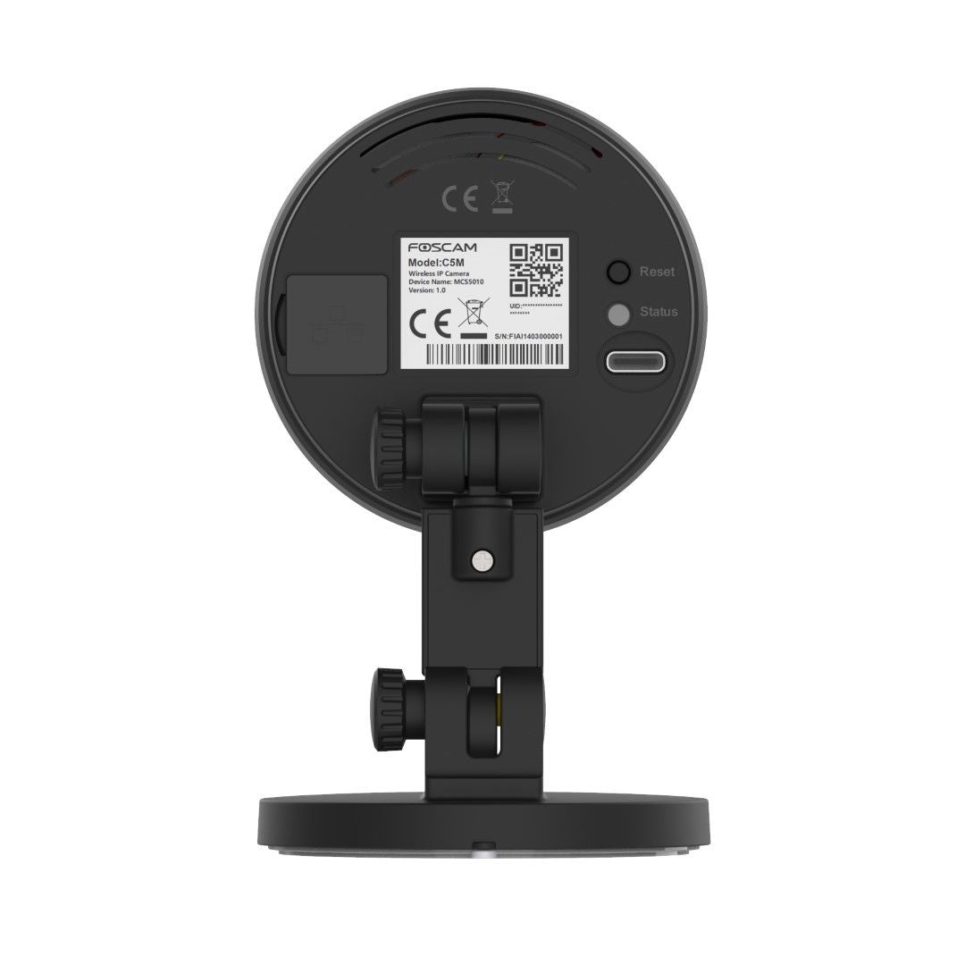 Achterkant van de zwarte Foscam C5M 5MP WiFi binnencamera met verstelbare voet, resetknop en productinformatie-sticker.