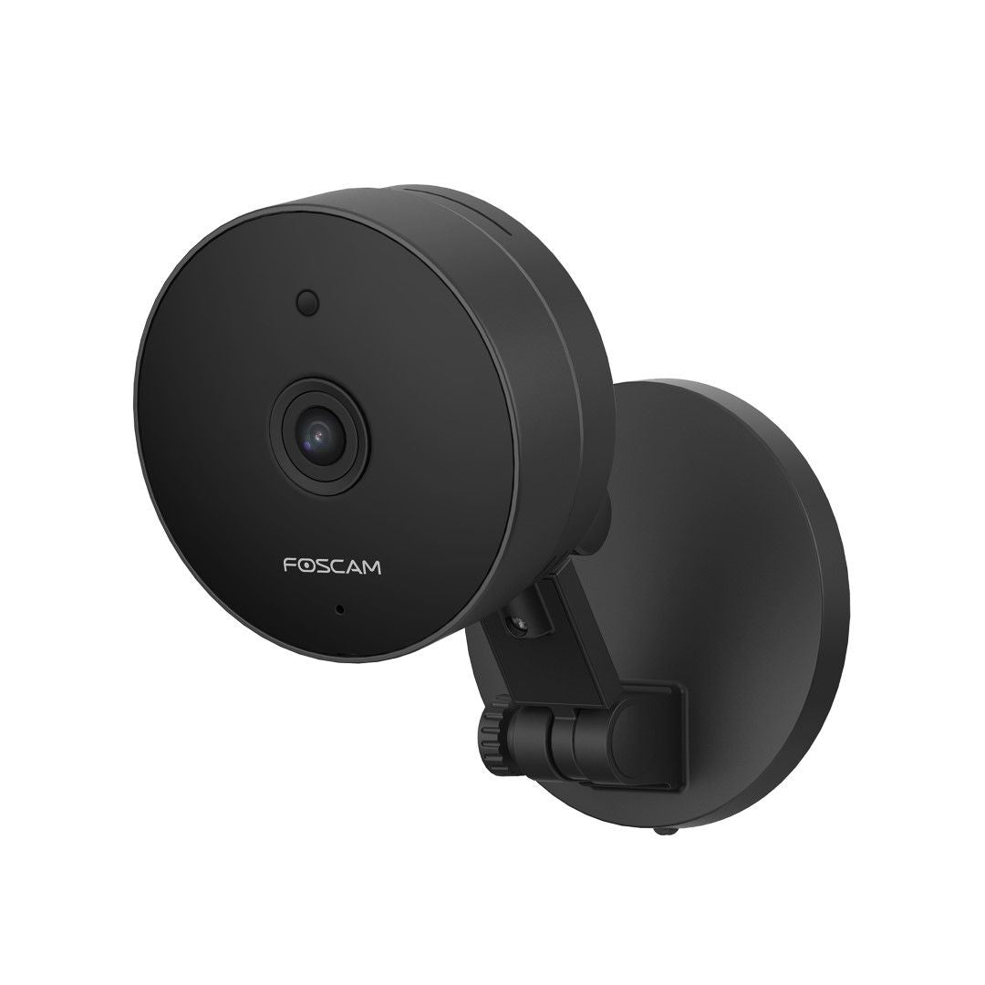 Zwarte Foscam C5M 5MP WiFi binnencamera met verstelbare voet en compact rond design voor slimme huisbewaking.