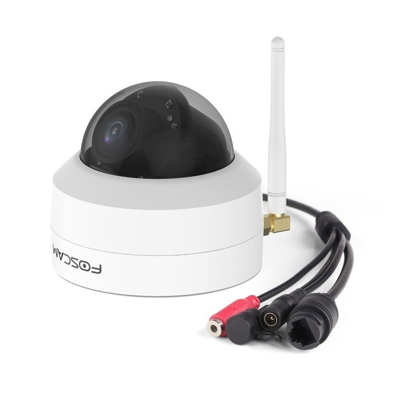 Witte Foscam D4Z 4MP PTZ-beveiligingscamera met koepelvormige lens, WiFi-antenne en bijbehorende aansluitkabels.